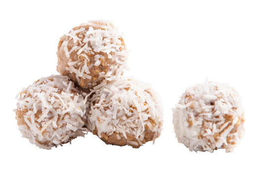 Vanilla whey protein bites with coconut flakes