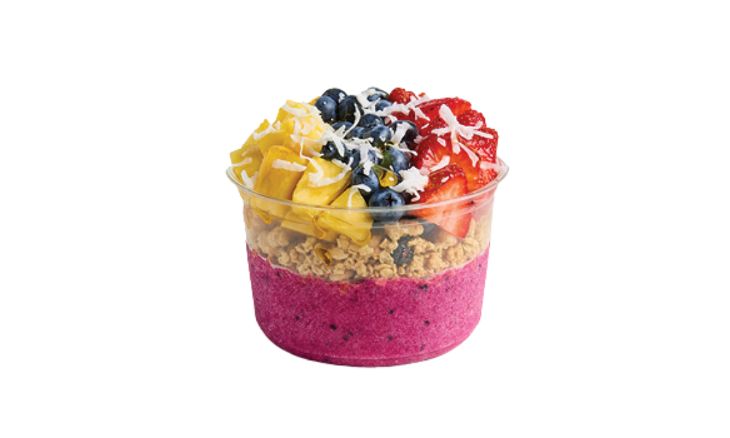 A vibrant smoothie bowl in a clear plastic cup, layered with a thick magenta-colored base, topped with granola, fresh mango slices, blueberries, sliced strawberries, and a sprinkling of shredded coconut.