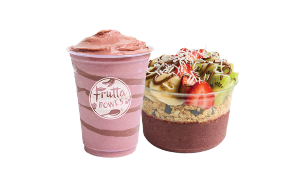 A pairing of a pink smoothie with chocolate swirls in a Frutta Bowls cup and a fruit-topped acai bowl with granola, banana, strawberries, kiwi, shredded coconut, and a chocolate drizzle.
