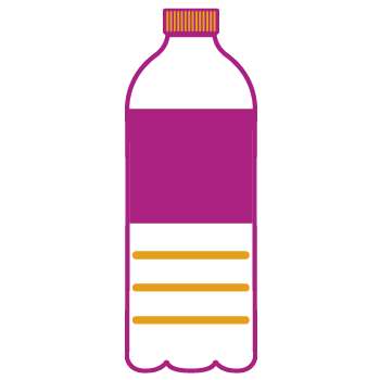 Simplified illustration of a plastic bottle with a purple label and orange cap details.