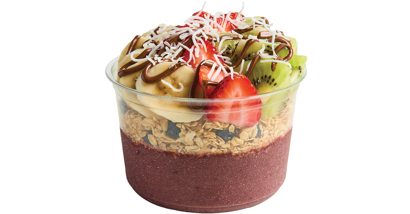 Açaí bowl topped with granola, banana, strawberry, kiwi, shredded coconut, and a chocolate drizzle.