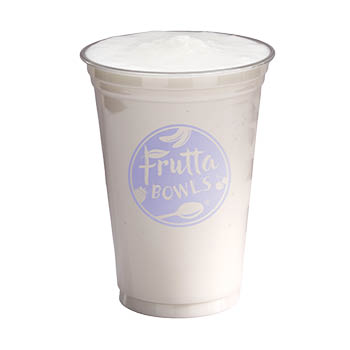 Clear plastic cup with a creamy white drink and Frutta Bowls logo on a light gray background.