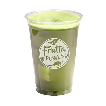 Clear plastic cup with an iced green drink and Frutta Bowls logo on a light gray background.